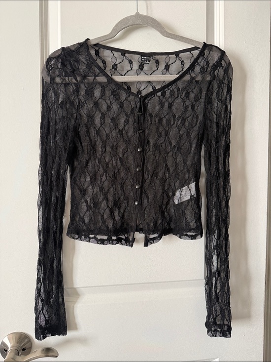 SHEIN Tops - Sheer Black Lace Long-Sleeve Button Cardigan